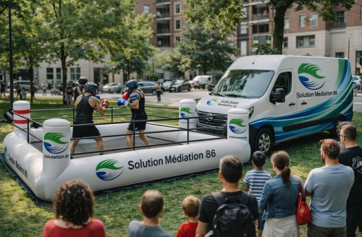 Boxe éducative mobile de Solution Médiation 86, ring gonflable et public